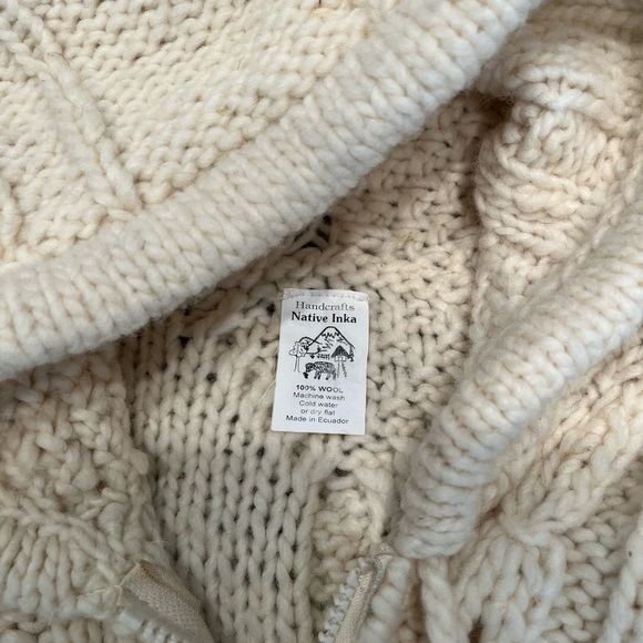 Native Inka 100% Wool Elf Hooded Chunky Sweater Fisherman Cable Pom Pom Long - Picture 10 of 11